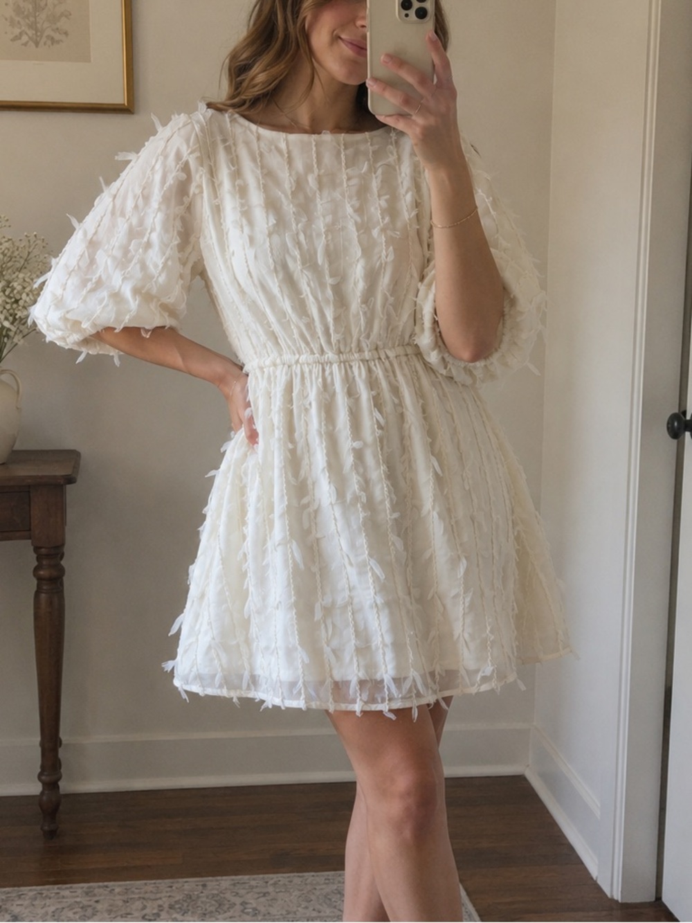 Blu Pepper White Textured Fringe Mini Dress Size Medium Boho Cottagecore (m)